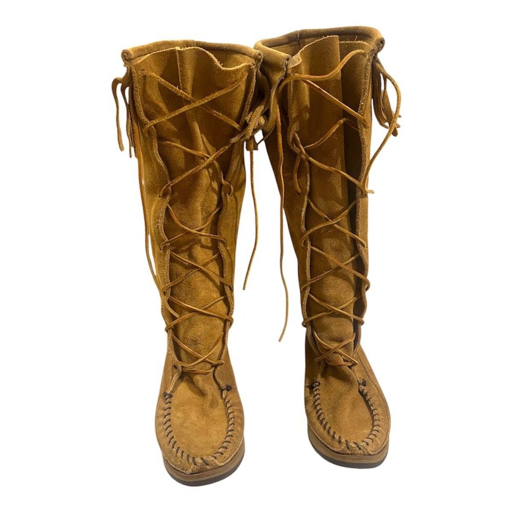 Women Brown Sued Fringe Boots Knee High Coachella Festival Hippie Chic Size 8